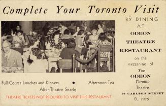 Advertising postcard depicting an inset photo of a restaurant dining room filled with patrons. …