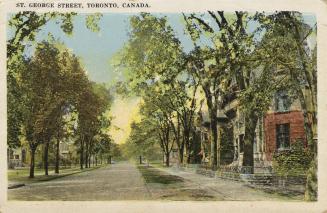 Colour postcard depicting a view down a residential street with trees and houses visible on eac…