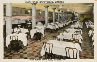 Colour photo postcard depicting the interior of a large restaurant with many tables and a row o…