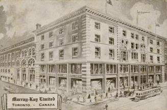 Black and white photo postcard depicting the exterior corner view of a 5-story department store…