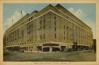 Colour postcard depicting the exterior corner of the original Maple Leafs Gardens building at C…