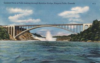 Colorized photograph of a large bridge spanning a body of water with large waterfalls in the ba…