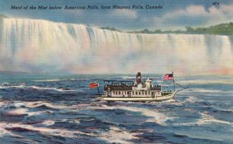 Colorized photograph of a boat in front of a waterfall.