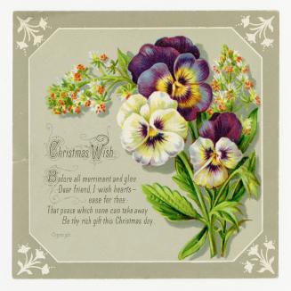 Purple and white pansies are pictured alongside smaller red and white flowers. A rhyming verse …