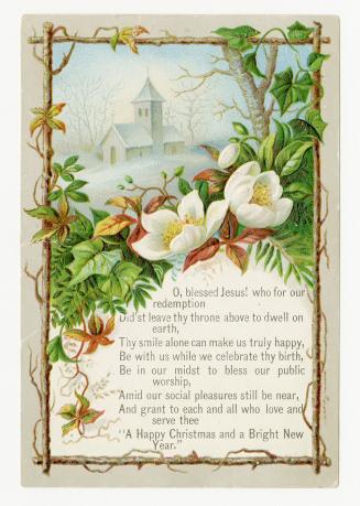 The card's upper portion pictures a church in a snowy field. This image is framed by white flow…