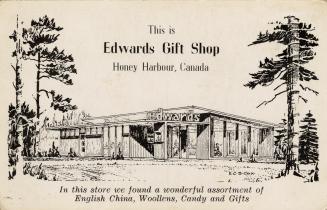 Black and white drawing of of one-story, stand alone store.