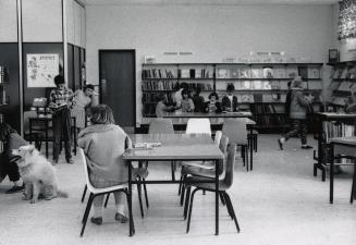 Picture of interior of library with several children and a dog. 