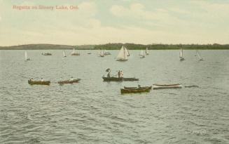 Colorized photograph of sailboats and rowboat on open water.