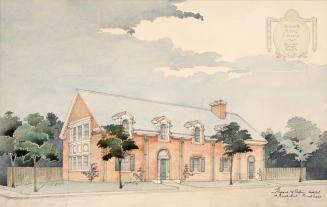 Architectural drawing of two storey library building with large bay windows at left end. 