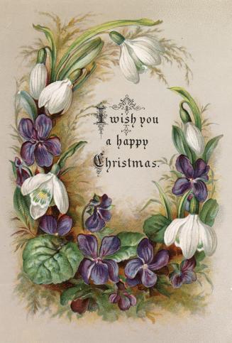 The card pictures purple and white flowers nestled in foliage. The background is beige and Chri…