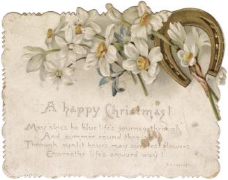 White and blue flowers and a horse shoe decorate the upper portion of the card. The lower porti…