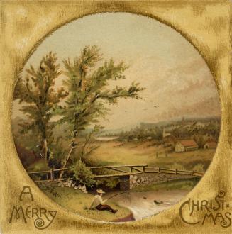 The card picutres a pastoral scene. In the foreground a person sits in the grass at the bank of…