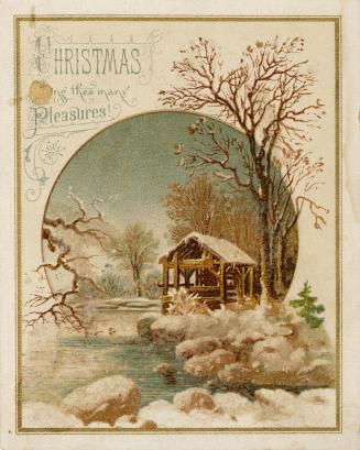 The card pictures a river in wintertime. Snow lines its banks and leafless trees are on the opp…