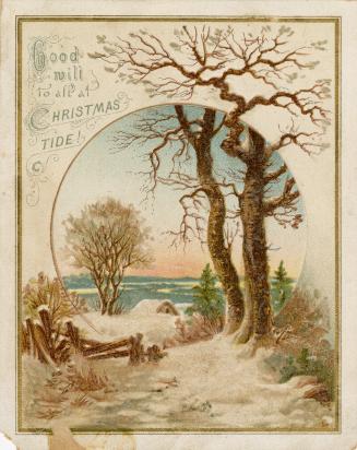 The card pictures a treed and snowy path leading towards the shores of a large body of water. T…