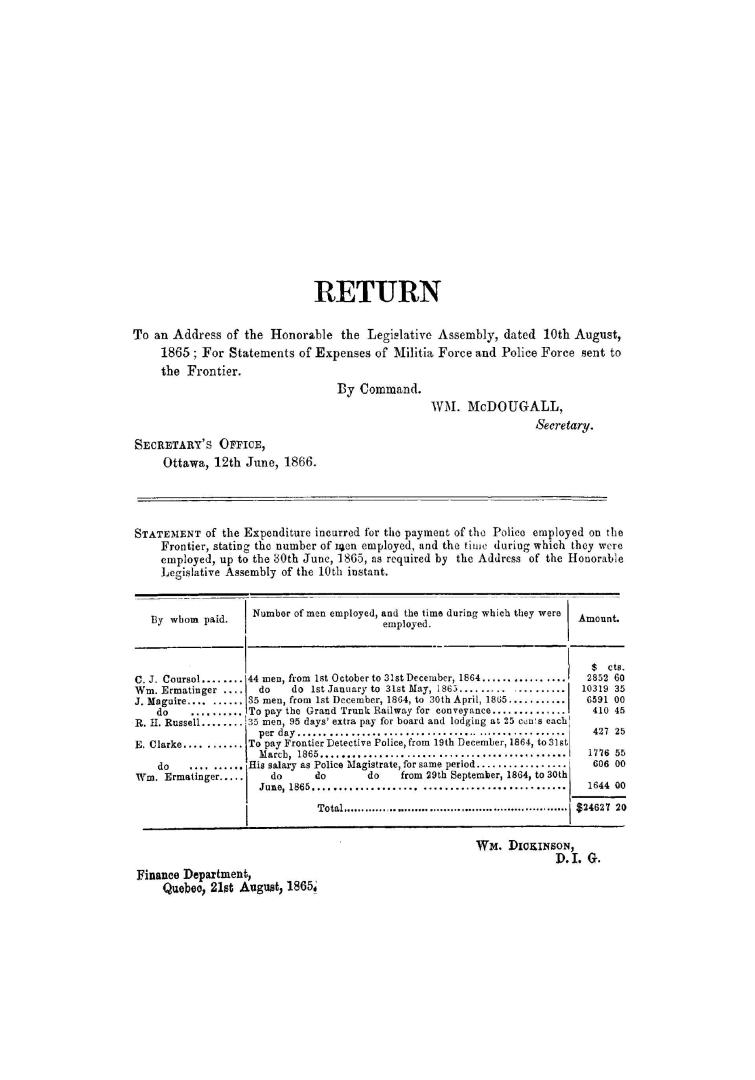 Return to an address of the honorable the Legislative Assembly, dated 10th August, 1865,