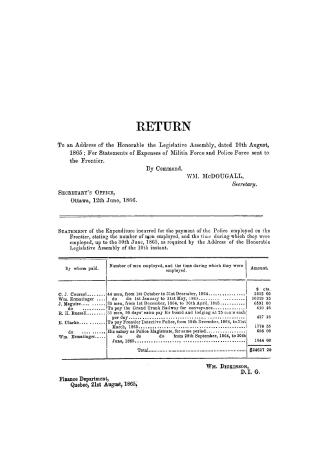 Return to an address of the honorable the Legislative Assembly, dated 10th August, 1865,