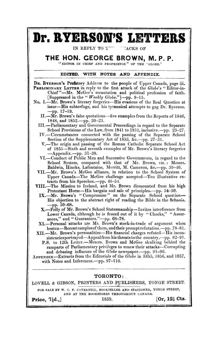 Dr. Ryerson's letters in reply to the attacks of the Hon. George Brown, M.P.P.... ed. with notes and an appendix