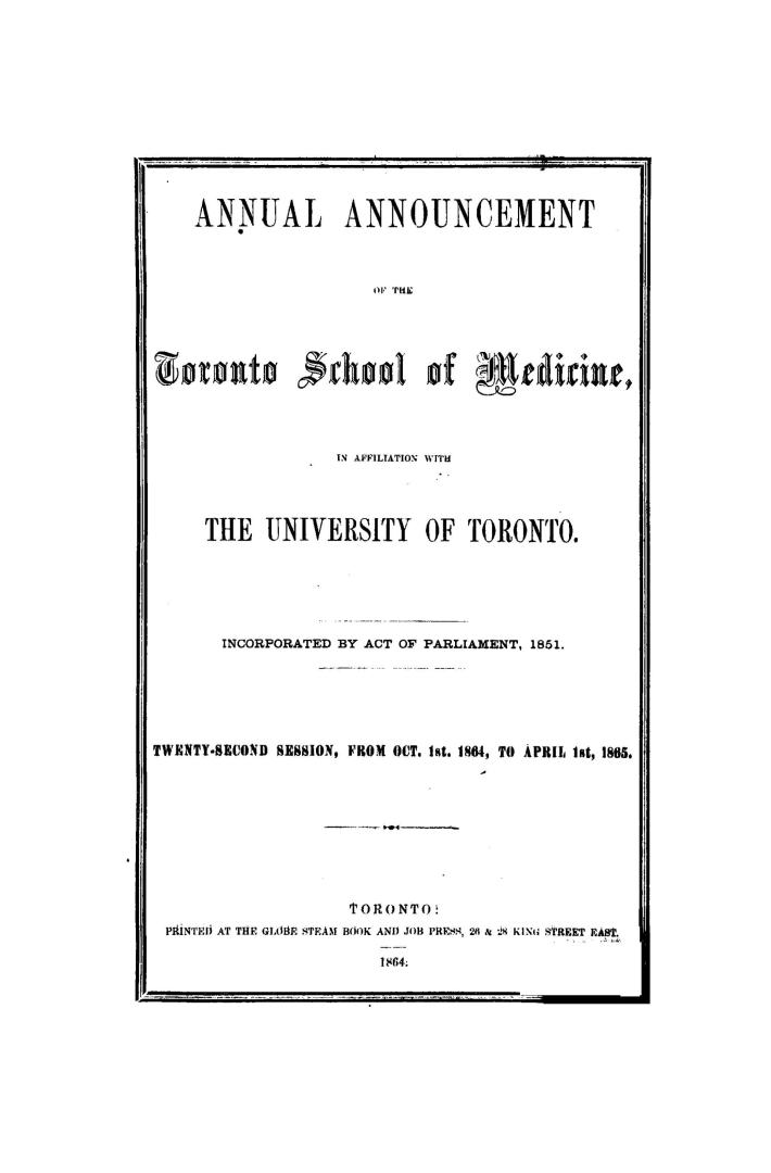 Annual announcement of the Toronto School of Medicine in affiliation with the University of Toronto