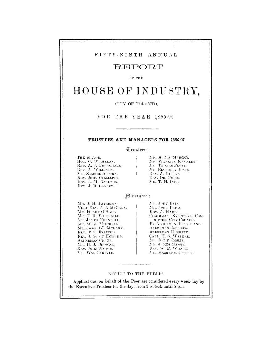 Annual report of the House of Industry, city of Toronto, for the year 1895-96.