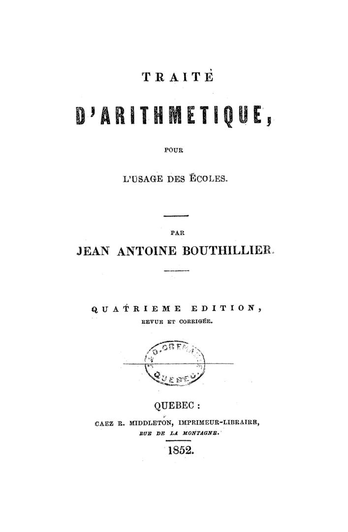 Traité d'arithmetique, pour l'usage des écoles...