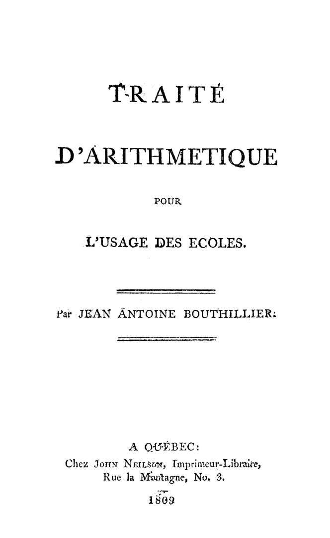 Traité d'arithmetique, pour l'usage des écoles...