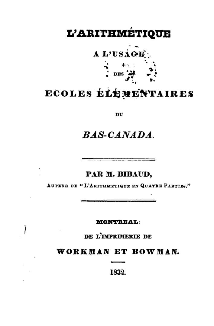 L'arithmétique à l'usage des écoles élémentaires du Bas-Canada