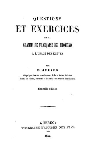 Questions et exercises sur la Grammaire française de Lhomond à l'usage des élèves