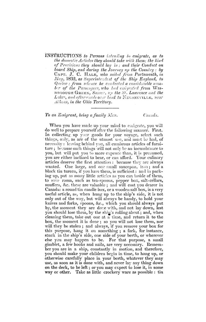 Instructions to persons intending to emigrate as to the domestic articles they should take with them, the kind of provisions they should lay in, and t(...)