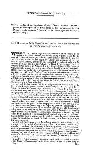 Upper Canada. --(Public lands.) : An act to provide for the disposal of the public lands in Upper Canada, and for other purposes therein mentioned. (P(...)