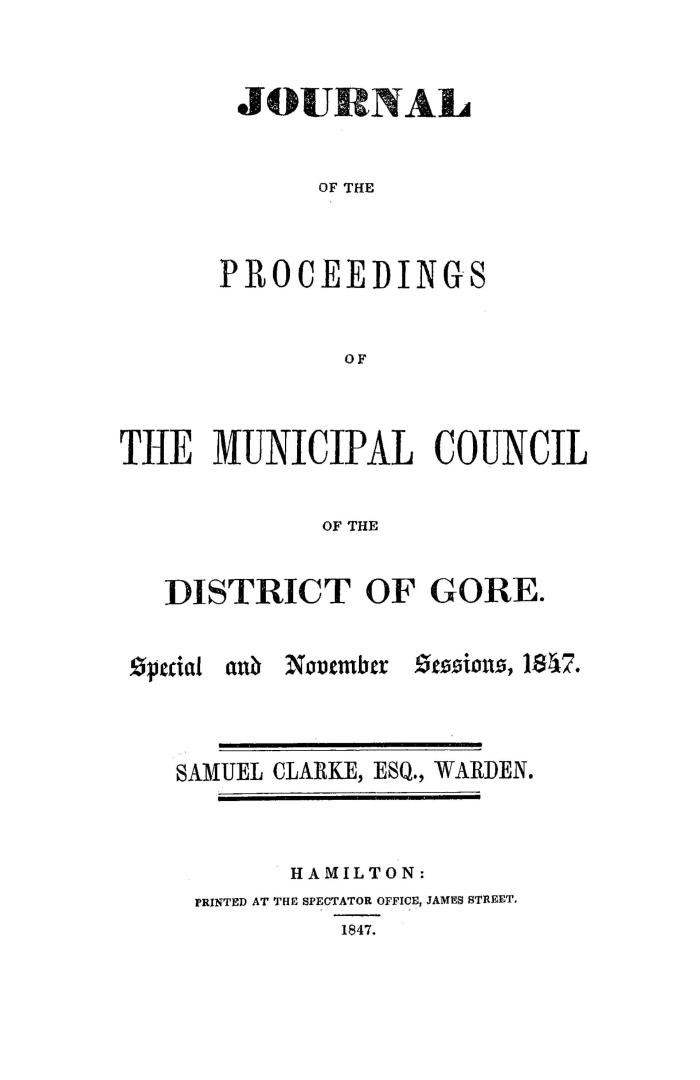 Journal of the proceedings of the Municipal Council of the District of Gore