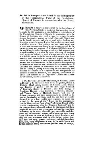 An act to incorporate the Board for the management of the Temporalities fund of the Presbyterian church of Canada in connection with the Church of Scotland