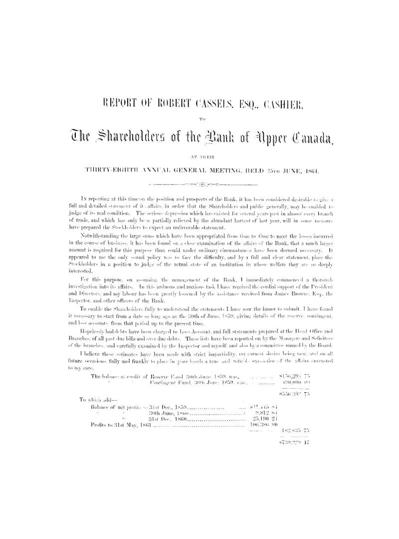 Report...to the shareholders of the Bank of Upper Canada at their thirty-eighth annual general meeting, held 25th June, 1851