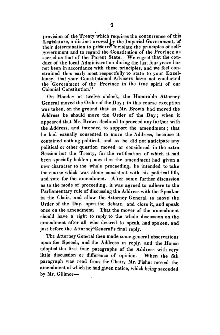 Debate in the House of Assembly on Mr. Fisher's amendment to the 5th paragraph of the address in answer to His Excellency's speech at the opening of the Legislature