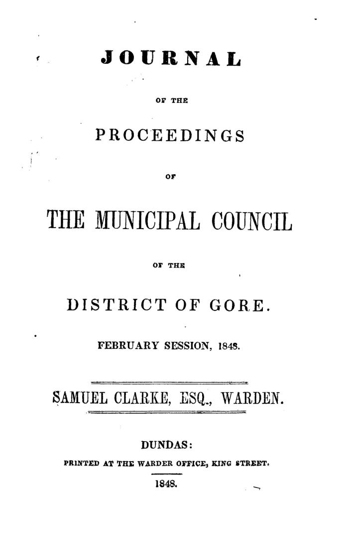 Journal of the proceedings of the Municipal Council of the District of Gore