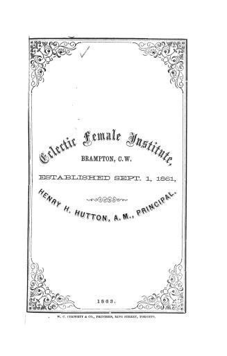 Book cover, decorative devices and text: Eclectic female institute, Brampton, C.W., established…