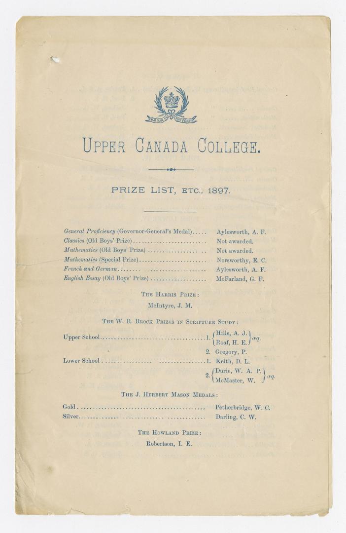 Upper Canada College : prize list, etc., 1897