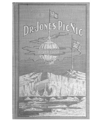 Grey and white book cover. An illustration of a round air balloon ship above icebergs, flying a…