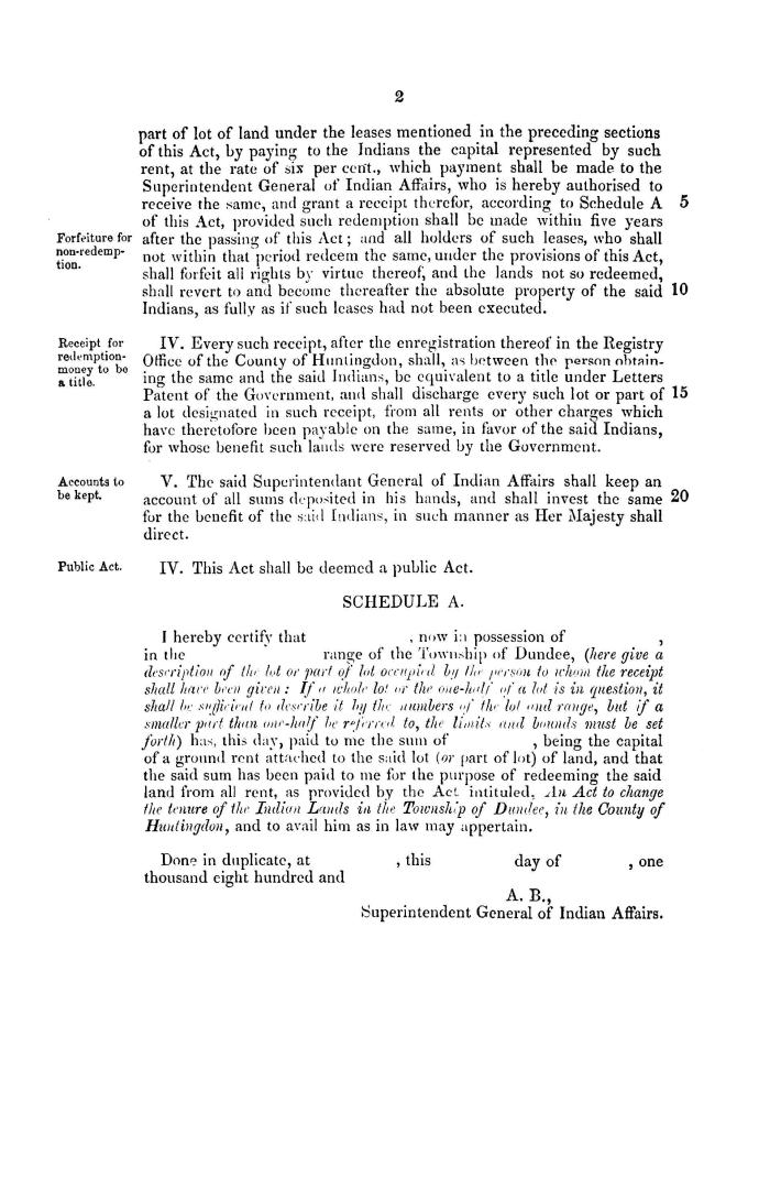 Bill. An act to change the tenure of the Indian lands in the township of Dundee. Received and read, first time, Monday, 21st February, 1859. Second re(...)