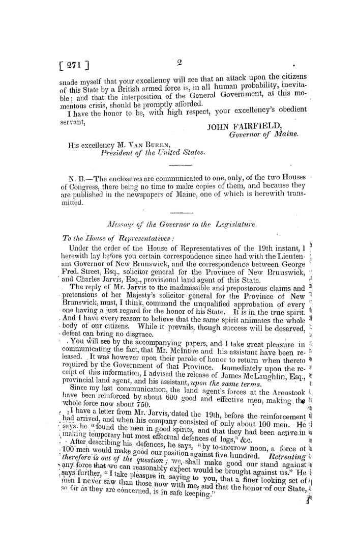 Message from the President of the United States, transmitting additional documents in relation to the dispute between the state of Maine and the British province of New Brunswick, February 27, 1839