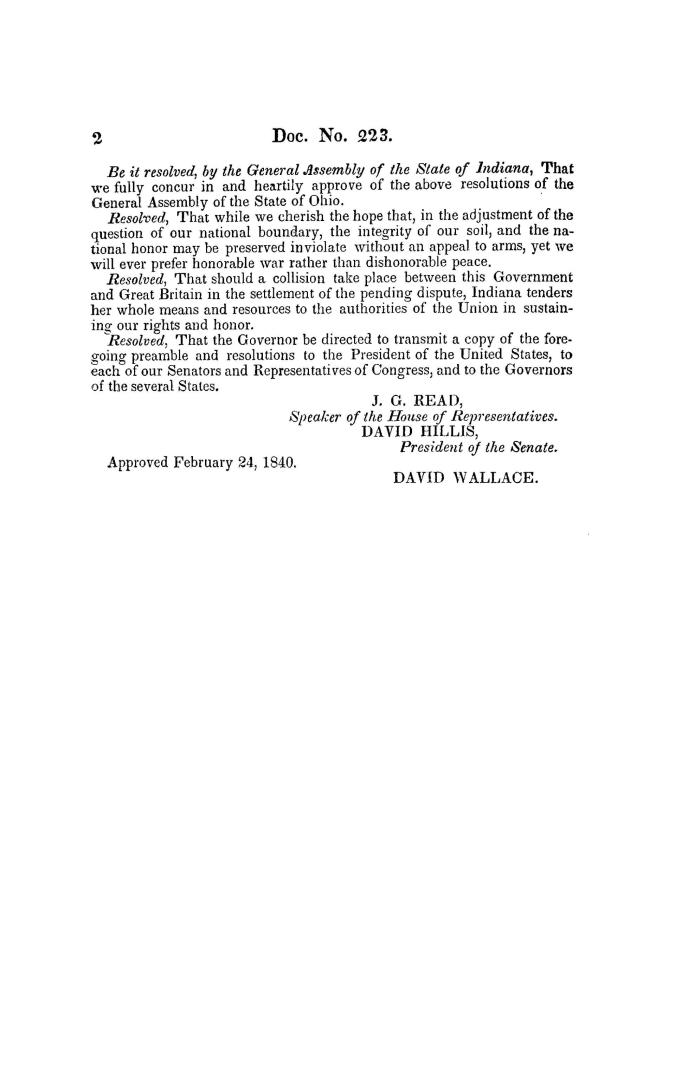 Indiana, resolutions of the General assembly of Indiana concerning the northeasten (!) boundary, May 19, 1840