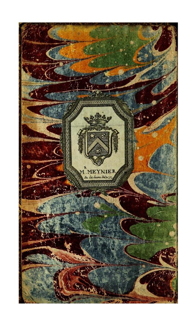 A colourful abstract endpaper with M. Meynier and coat of arms