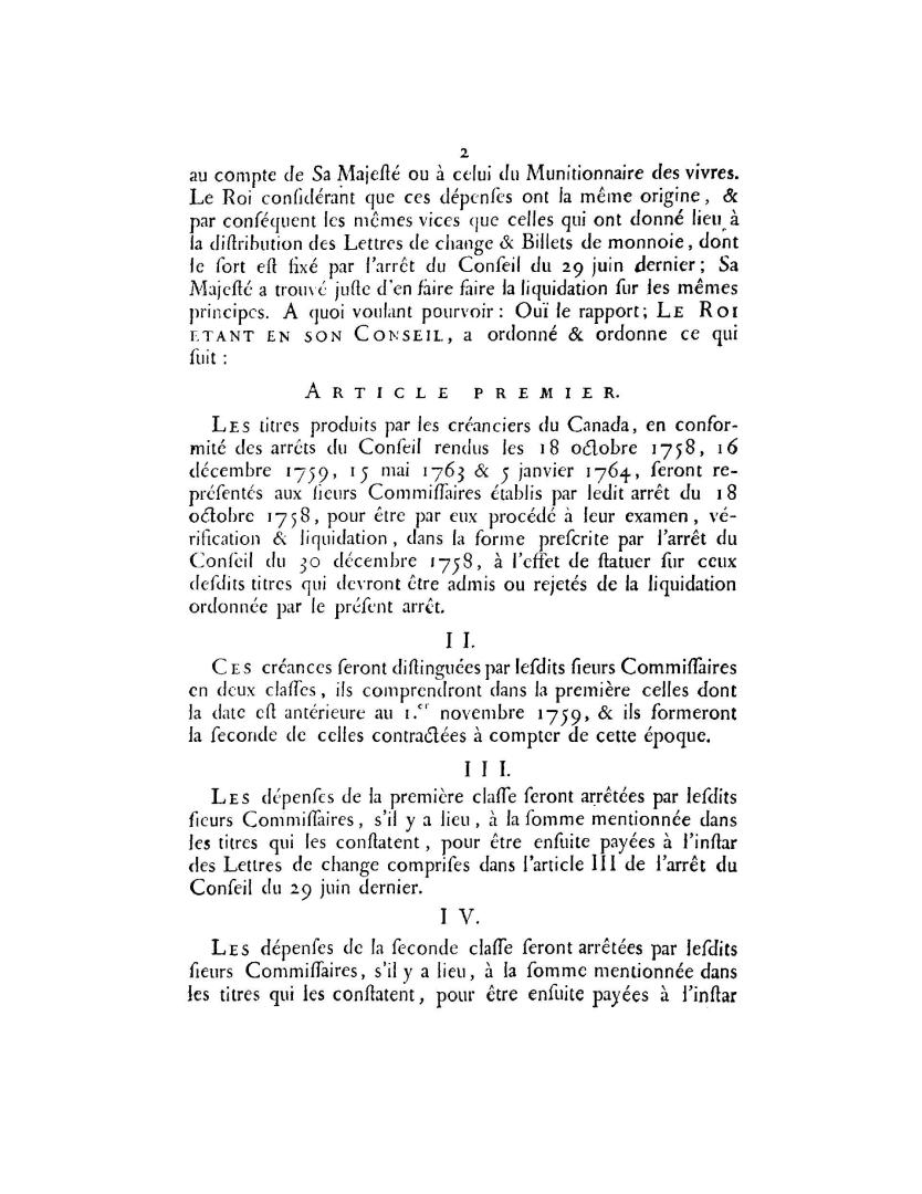 Arrest du Conseil d'état du roi, qui ordonne la liquidation des différentes dettes du Canada, du 15 décembre 1764