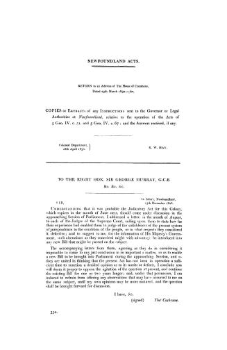 Newfoundland acts, return to an address of the House of commons, dated 29 March, 1830, for copies or extracts of any instructions sent to the governor(...)