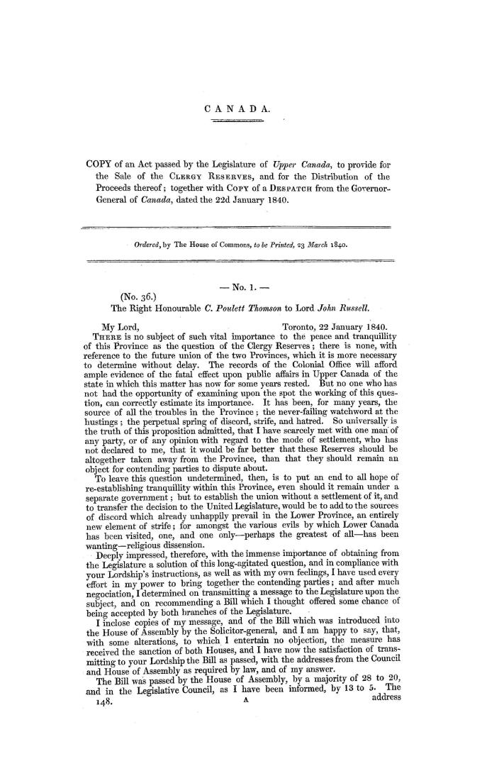 Copy of an Act passed by the Legislature of Upper Canada, to provide for the sale of the clergy reserves, and for the distribution of the proceeds the(...)