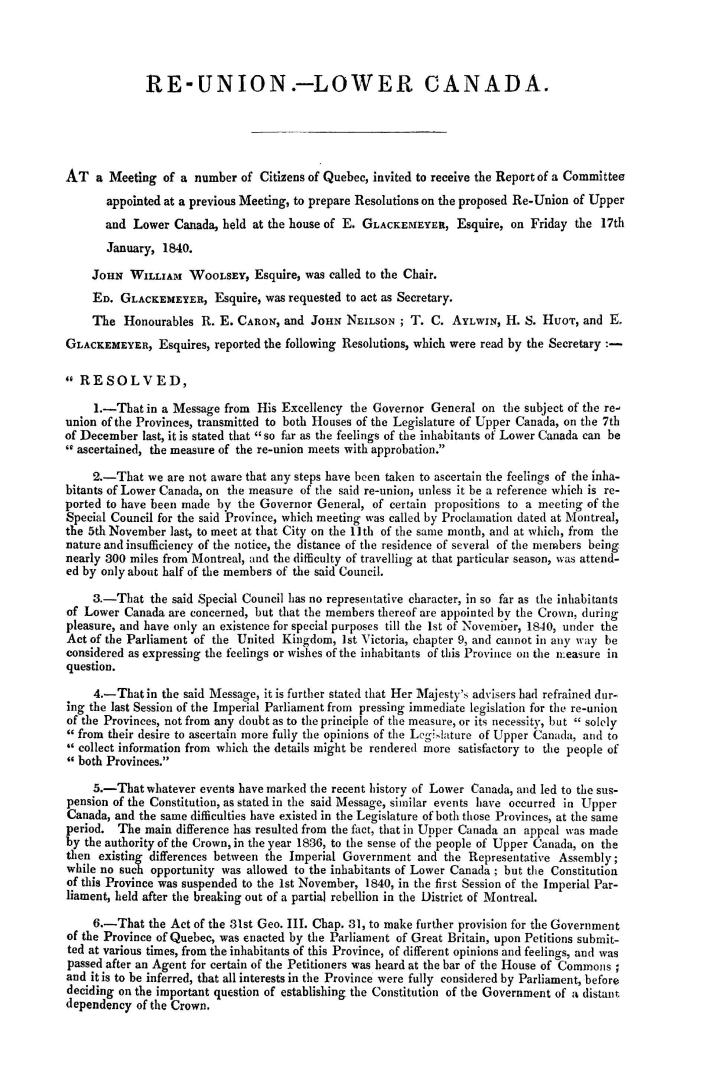 Re-union, Lower Canada, at a meeting of a number of citizens of Quebec, invited to receive the report of a committee appointed at a previous meeting, (...)