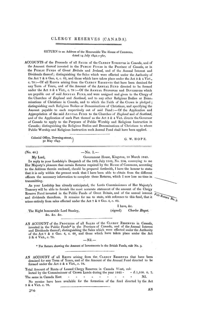 Clergy Reserves (Canada). Return to an address of the Honourable The House of Commons, dated 14 July 1842, - for, accounts of the proceeds of all sale(...)