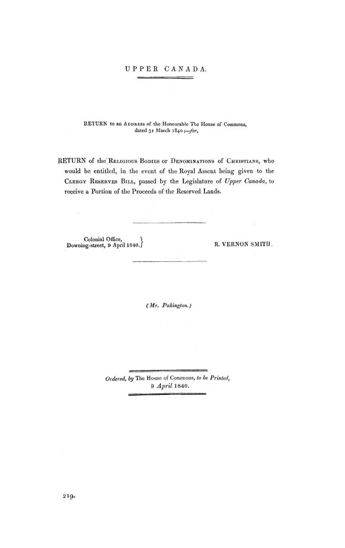 Return of the religious bodies or denominations of Christians, who would be entitled, in the event of the Royal assent being given to the Clergy Reser(...)