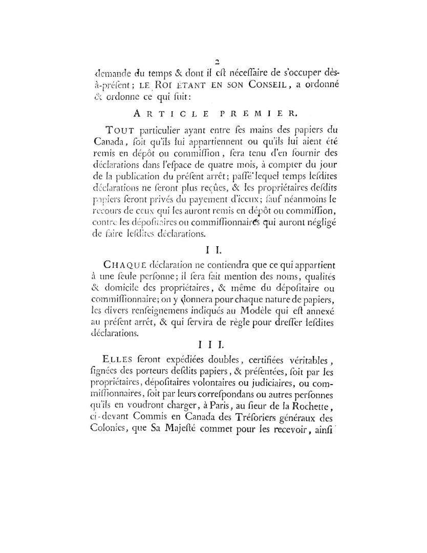 Arrest du Conseil d'état du roi, qui ordonne aux propriétaires & porteurs de papiers du Canada d'en faire des déclarations, du 24 décembre 1762