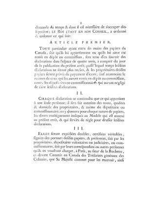 Arrest du Conseil d'état du roi, qui ordonne aux propriétaires & porteurs de papiers du Canada d'en faire des déclarations, du 24 décembre 1762