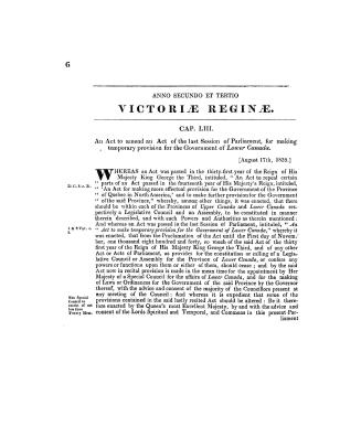 An act to amend an act of the last session of Parliament, for making temporary provision for the government of Lower Canada. August 17th, 1839